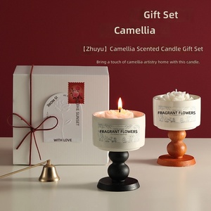 Ensemble cadeau de bougies en cire de soja en forme de fleur de luxe avec support en bois, bougie parfumée pour la maison, aromathérapie, pour anniversaire, mariage - Product Image 1