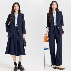 Women's Dark Blue Suit Set Full Sleeve Worsted Anti-Wrinkle Office Lady Commuting To Work - Product Image 1
