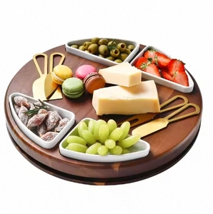 Nhà Máy bán hàng lười biếng Susan pho mát Cắt <span class=keywords><strong>Board</strong></span> Set vòng gỗ charcuterie <span class=keywords><strong>Board</strong></span> pho mát phục vụ Platter với 2 gốm Bát - Product Image 1