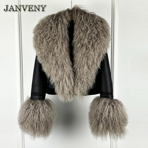 JANVENY 2024 <strong>Winter</strong> <strong>Warm</strong> Faux Leather Sheepskin Coat <strong>Women</strong> Large Real Wool Fur Collar Zipper Slim Biker Pu Leather Short <strong>Jacket</strong> - Product Image 3
