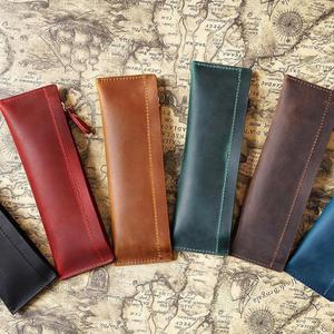 Trousse à crayons moderne en cuir véritable avec fermeture éclair, porte-monnaie fait main en cuir pleine fleur pour étudiants, sac de rangement pour fournitures scolaires, cadeaux de bienvenue - Product Image 2
