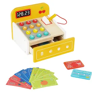 Children Early Educational Leaning Aids Wooden American Cash Register Toy Play House Child Simulation Wood Cashier Toy