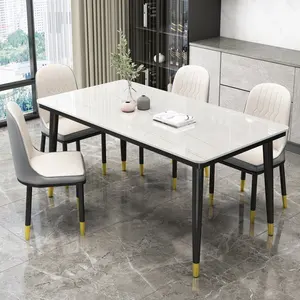 豪华独特厨房餐桌套装6座矩形方形钢腿石板餐桌