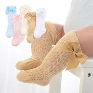 Chaussettes en coton pour filles, avec nœuds papillons, longues, couleur unie, pour enfants, Style espagnol, en maille, nouvelle collection été