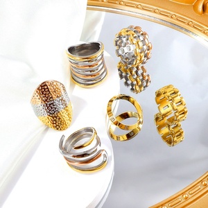 Anillo Apilable de Acero Inoxidable Chapado en Oro PVD de 18K, Diseño Vintage de Superficie Ancha, Hueco y Multicapa, Bicolor, Anillos Gruesos - Product Image 2