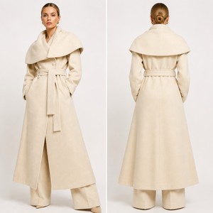 Ensemble Manteau et Pantalon en Laine Crème pour <span class=keywords><strong>Femme</strong></span>, Manteau Croisé à Col Châle Ceinturé avec Pantalon Large, Personnalisable OEM/ODM - Product Image 4