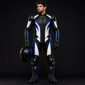 Combinaison de moto en cuir de vachette à manches longues pour homme, blanche et bleue, respirante, équipement de protection pour la conduite, adulte, toutes saisons - Product Image 1