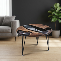 Table basse de luxe en bois de chêne et résine époxy, pieds en métal style hairpin, design moderne pour salon, modèle Turquie MP-00339