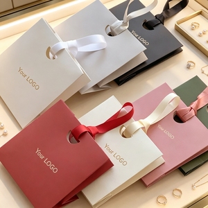 Luxury Mini Gift <b>Bags</b> with Ribbon Handle Art Paper Hot Stamping Custom Logo for Jewelry Watch Eyewear Packaging - Product Image 1