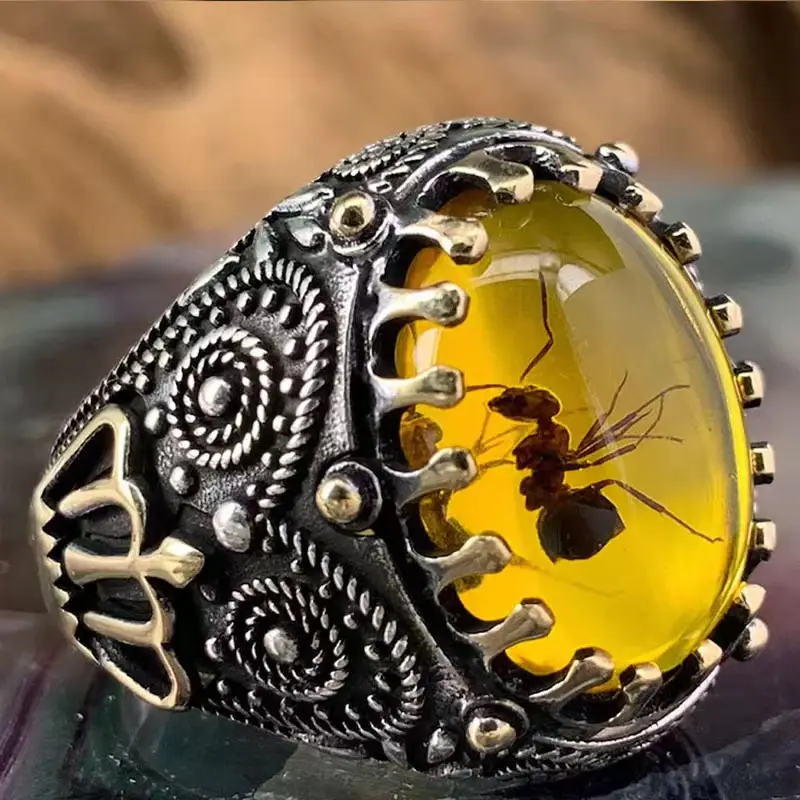 2024 nuevo anillo para hombre, piedra de ágata Natural ovalada grande, tendencia Retro con incrustaciones de circón amarillo, anillo de hormiga