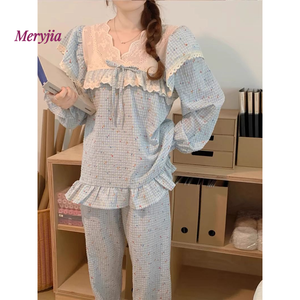2025 Meryjia versione coreana pigiama con rifinitura in pizzo a scacchi floreali dolce tinta unita stile corte camicie da <span class=keywords><strong>notte</strong></span> arruffate a maniche lunghe per - Product Image 3