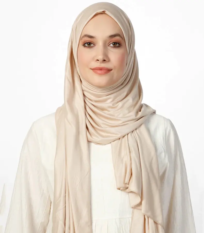 Hijab in jersey di bambù con cuciture a punto rosa in tinta unita in cotone pettinato per donne musulmane