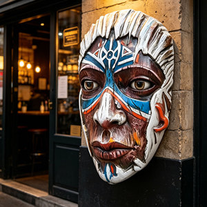 Sculpture murale personnalisée en fibre de verre, masque humain en résine peinte style rétro, statue décorative à suspendre pour entrée de bar, restaurant, pub - Product Image 6
