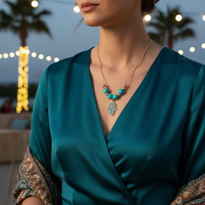 Collar de Plata de Ley 925 con Baño de Rodio y Oro, Diseño de Mano de Fátima Hamsa con Circonita y Turquesa, Joyería Fina Étnica para Fiestas - Product Image 3
