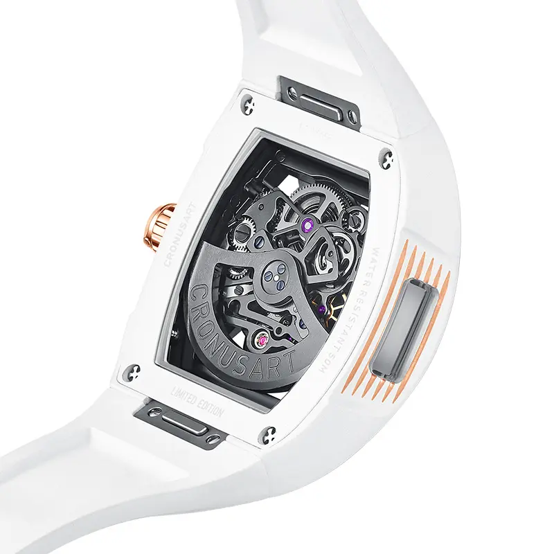 White Automotive Design Style streamline 365l cassa in acciaio Double sided sapphire mirror orologio meccanico di lusso con cinturino in gomma