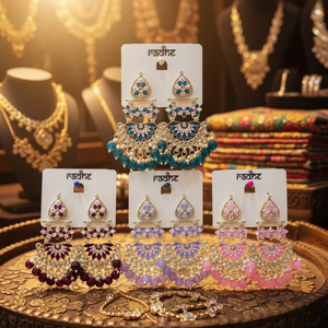 Pendientes colgantes de moda Jewelemarket con baño de oro azul, piedras Kundan y cuentas Meenakari - Product Image 3