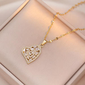 Kalung liontin berbentuk mutiara hati batu zirkonia kubik baja Titanium tidak pudar kalung rantai klavikula berlapis emas Populer - Product Image 6