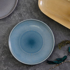 EKA Service de table en céramique de style américain peint à la main service de vaisselle à rayures en relief service de vaisselle en grès - Product Image 2