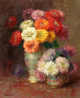 Bouquet de fleurs aux couleurs riches, huile sur toile : Fleurs corailles dans un vase cobalt, coups de pinceau texturés sur toile marron chaud