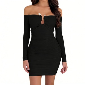 เดรสสั้นรัดรูปแขนยาวเปิดไหล่สำหรับผู้หญิง แต่งระบาย คอรูปตัวยู เหมาะสำหรับงานปาร์ตี้ แฟชั่น - Product Image 2