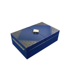 Blue Double Open Packaging Perfume Box with Homeom Printing Luxury Cosmetic Handmade Gift Wooden Packing Wooden Box