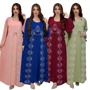 2024 Muslim Woman Clothing Islamic Modern Traditional Fashionable Hot Diamond Pretend 2 Piece Dress Thobe Dubai Abaya