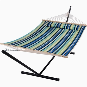 Hamaca <span class=keywords><strong>de</strong></span> algodón <span class=keywords><strong>de</strong></span> doble columpio con función antivuelco, marco <span class=keywords><strong>de</strong></span> hierro grueso, hamaca plegable para cama <span class=keywords><strong>de</strong></span> Metal para exteriores - Product Image 4