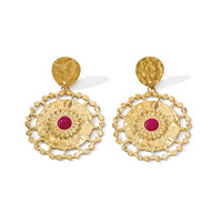 Boucles d'oreilles pendantes haut de gamme pour femmes, style ethnique bohème, en forme d'éventail, incrustées de turquoise, creuses, plaquées or, vente en gros