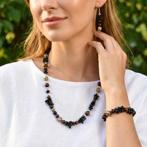 Ensemble de bijoux tendance pour femmes, collier/boucles d'oreilles/bracelet en obsidienne noire, agate rouge, onyx noir naturel, œil de tigre - Product Image 6