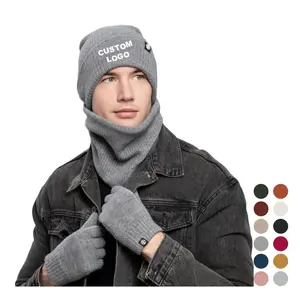 OEM donna 3 pz set berretto invernale in maglia acrilica con sciarpa e guanti con etichetta Patch in pelle