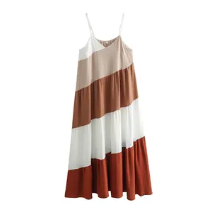 Spaghettis Trap Wit Bruin Kleur Print Patchwork Design Casual Mode Zomer Slip Dress Voor Vrouwen