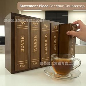 Caja de almacenamiento de té de madera con forma de libro, con etiquetas deslizables para organizar bolsitas de té y café, tipo rectangular vertical - Product Image 3