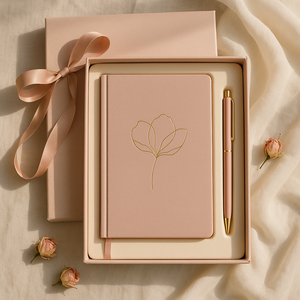Set de Regalo de Cuaderno Floral Rosa Pálido con Arte de Líneas en Dorado y Bolígrafo en Elegante Caja con Cinta para Diario y Regalos - Product Image 1