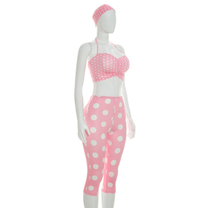 Viviblook Q26ST076 Women <b>Summer</b> Sexy Sleeveless Halter Crop Top Tight Cropped <b>Pants</b> Polka Dot Printed 3 Piece Set With Headband - Product Image 5