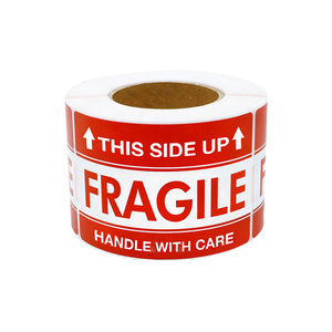 <b>Red</b> Self-Adhesive Rectangular <b>Paper</b> Stickers Fragile This Side Die-Cut Waterproof Customizable China Origin Shipping Labels - Product Image 1