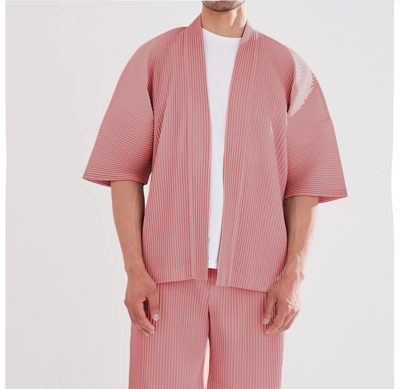 Miyake Men Pleated Kimono Robe Men Cardigan Blazer Pink Sets