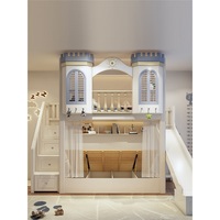 Lit mezzanine en bois massif confortable pour enfant JS Blue Castle, pour fille, avec bureau et bibliothèque pour l'étude et le sommeil, meubles de chambre pour filles