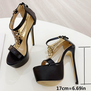 European American Fashion Trend Super High 16CM Stiletto New Style Black High <b>Heel</b> Sandals Anti-Slip Metal Decoration for Party - Product Image 4