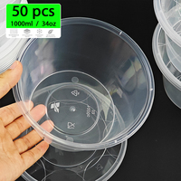 50 boîtes à lunch jetables en plastique PP noir transparent de 1000 ml (34 oz) pour salades, plats à emporter et préparation alimentaire