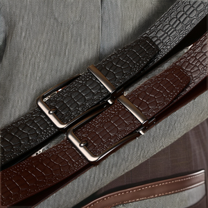 Ceinture en cuir noir avec motifs crocodile embossés, style vintage, boucle automatique pour homme, usage formel professionnel - Product Image 2