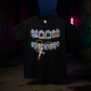 T-shirt Boxy da Uomo con Grafica Cross Chain Grillz, Streetwear Y2K Oversize a Maniche Corte, Stampa in Jersey di Cotone, Girocollo - Product Image 2