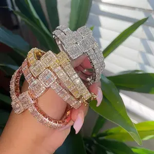 Hip Hop Jóias Banhado A Ouro Pulseira de Diamantes Baguette Iced Out Cubic Pulseira Zircon Jóias Miami Pulseiras Bangle Para As Mulheres