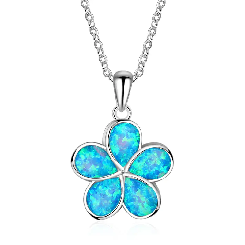 Colar havaiano com flor, joias da moda, criatividade, prata esterlina 925, opala azul