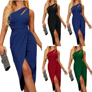 Cộng với kích thước của phụ nữ một vai không tay Ruched Bodycon cutout Slit bọc bên Cocktail Midi Dress Lady Dresses