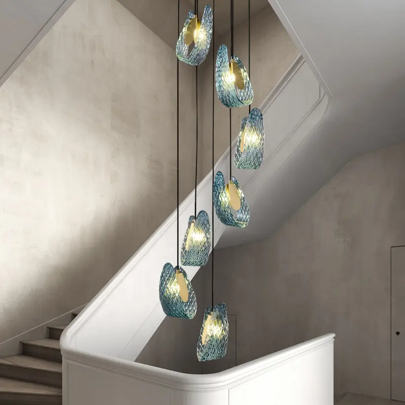 Brass Nordic Postmodern Mounted Lighting Luxury Modern Blue Flower Large Staircase Chandeliers For Living Room High Ceilings