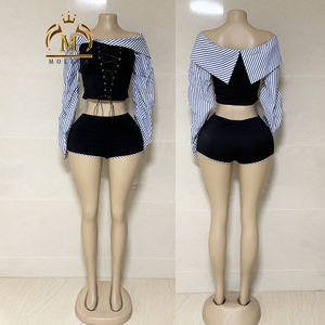 ملابس نسائية جديدة للربيع والخريف بلوزة بدون حمالة + شورت قصير مكون من قطعتين طقم مثير من قطعتين ملابس نسائية - Product Image 2