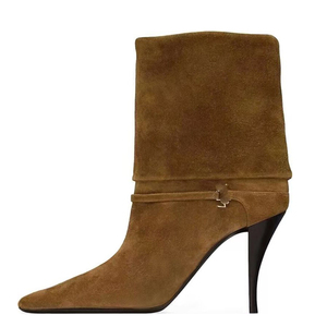 Botines de tacón alto con punta y hebilla metálica para mujer, talla grande 46, de ante con vuelta, estilo botín corto. - Product Image 1