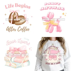 Love <strong>Books</strong> Coffee Girly Bookish Era Pink Coquette Bow Iron on Washable DTF Heat Transfers Sticker Ready to Press for Sweatshirts - Product Image 1