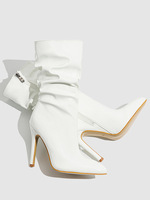 Bottes à talons hauts élastiques pour femmes, en cuir verni pointu, avec fermetures éclair tendance, talons fins, bottes mi-mollet superposées pour femmes