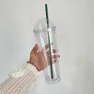 manufacturer wholesale 24oz pre drilled hole Tumbler Drink Cups round lid double walled plastic Acrylic Tumbler with dome lid